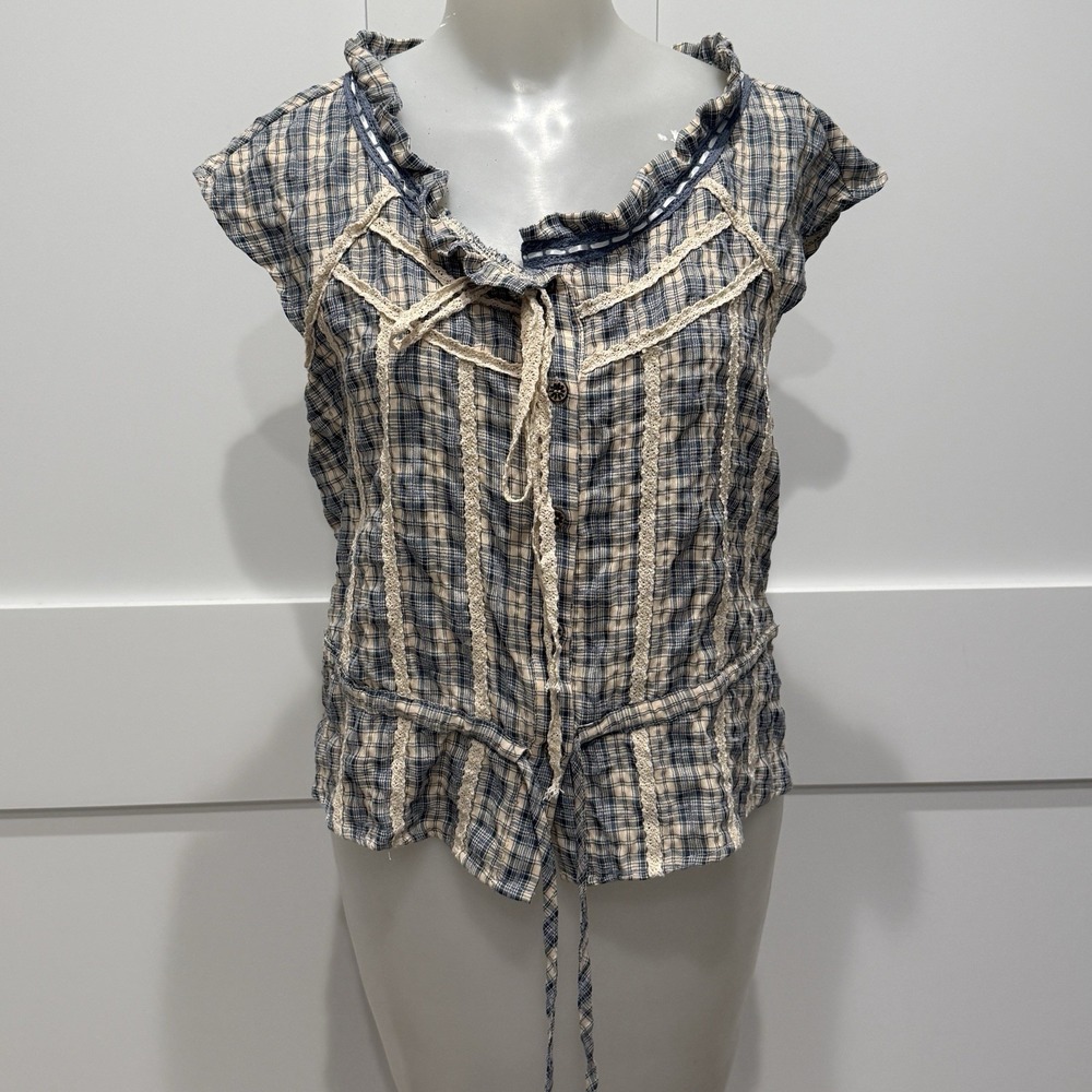 Prairie Cottagecore Plaid Lace Peasant‎ Blouse Tie Front Ruffle Boho Top